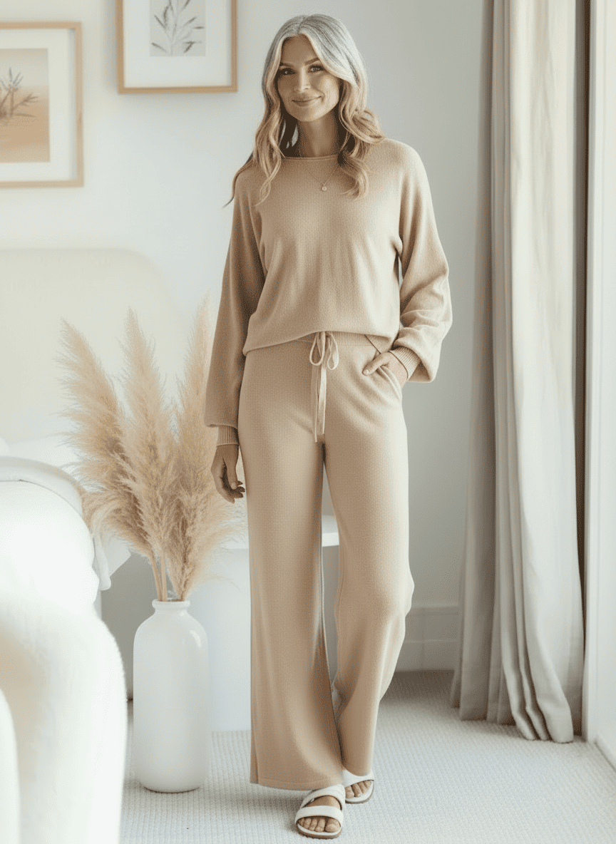 Chic woman modeling beige Comfee wide leg lounge set in cozy bedroom