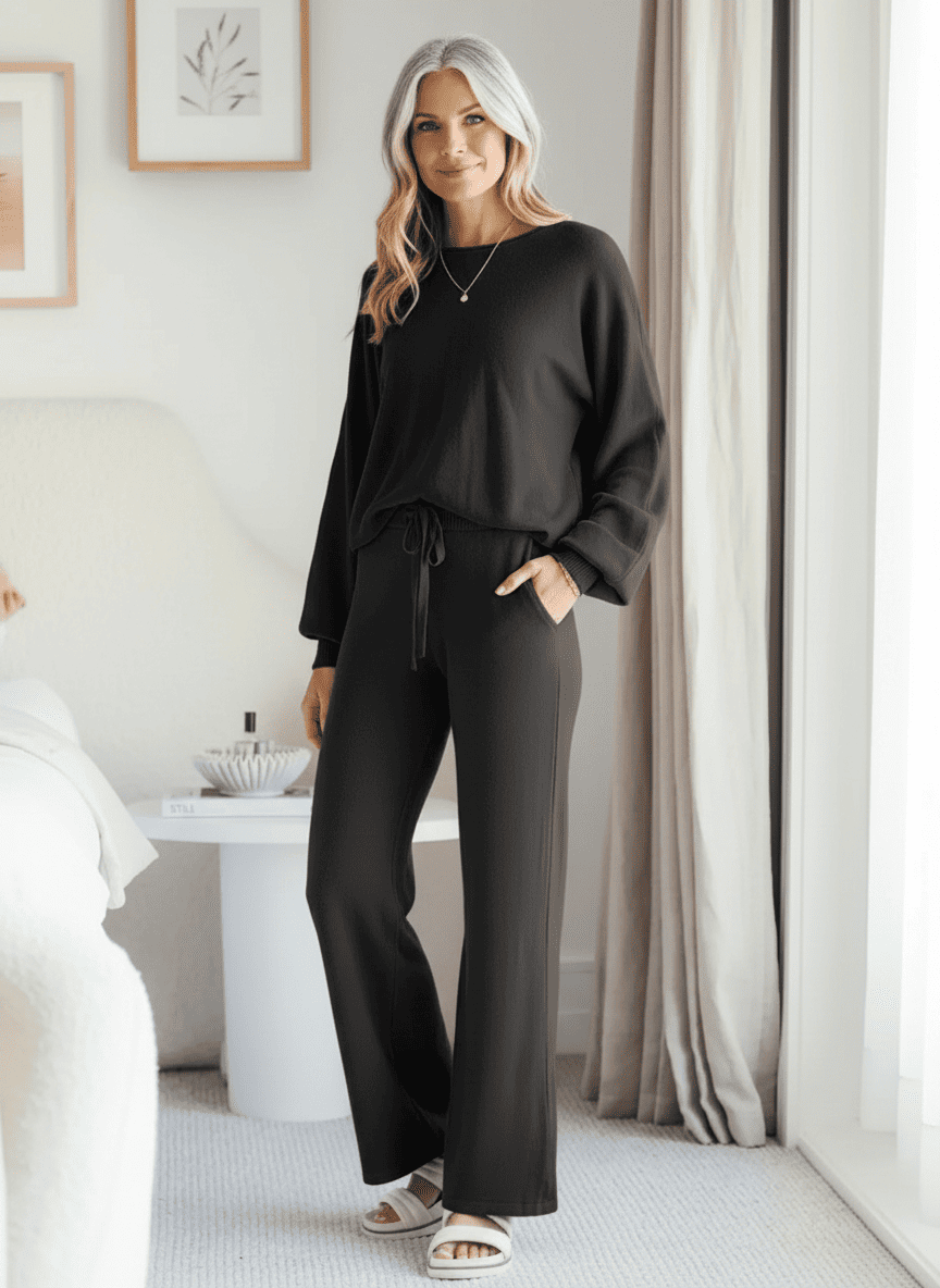 Woman wearing black Comfee wide leg lounge set styled in bright neutral bedroom