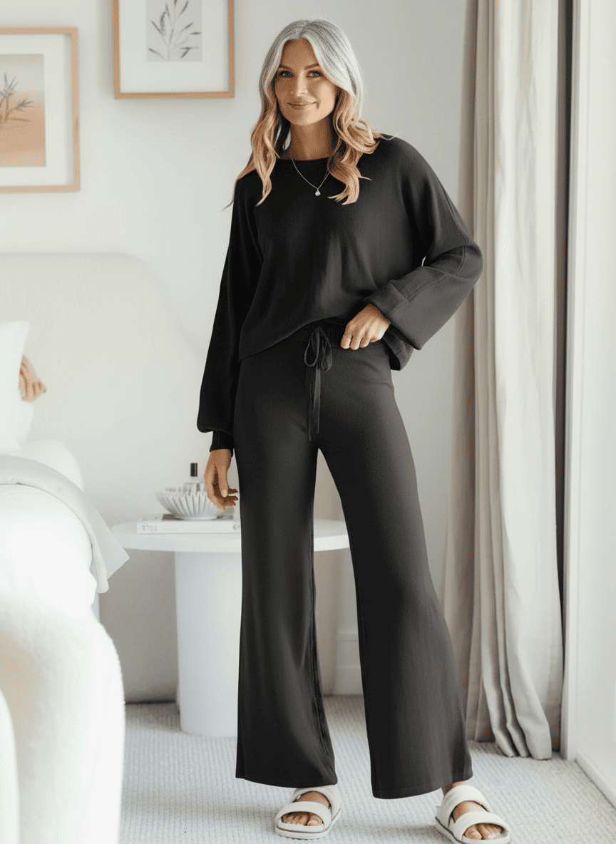 Full body view black Comfee wide leg lounge set with soft drape
